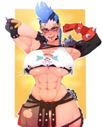 1girls 2023 abs biceps blizzard_entertainment blue_hair braid facial_piercing female female_only huge_breasts junker_queen muscular muscular_female nonamoth overwatch overwatch_2 piercing red_eyes ripped_clothing ripped_pantyhose scantily_clad simple_background six_pack solo solo_female underboob yellow_background