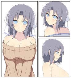 :o blue_eyes cleavage female front_view hair_ornament ichiryuu_tsumiki impossible_clothes large_breasts light-skinned_female light_skin looking_at_viewer looking_over_shoulder medium_hair nude purple_hair senran_kagura side_view sidelocks simple_background smile solo standing sweater turtleneck white_background yumi_(senran_kagura)