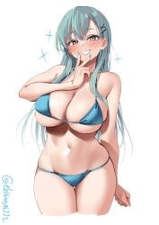 1girls aqua_bikini aqua_eyes aqua_hair aqua_nails bangs bare_shoulders bikini blush breasts cleavage collarbone cowboy_shot cropped_legs ebifurya female grin hair_between_eyes hair_ornament hairclip highres kantai_collection large_breasts light-skinned_female light_skin long_hair looking_at_viewer nail_polish navel one-hour_drawing_challenge simple_background skindentation smile solo sparkle suzuya_(kantai_collection) swimsuit thigh_gap thighs twitter_username underboob v v_over_mouth white_background