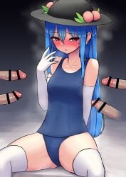 1girls censored flushed gloves group imminent_cumshot legwear multiple_penises penis swimsuit tenshi_hinanawi touhou zakku_(kya--193)