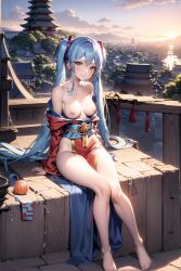 ai_generated blue_eyes blue_hair hatsune_miku henryv3 kimono naked naked_female outside vocaloid