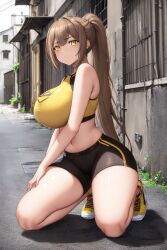 ai_generated amagi_brilliant_park back_alley backalley big_breasts brown_hair city crop_top from_side gym_clothes holaraai huge_breasts kneeling light_brown_hair long_hair looking_at_viewer massive_breasts ponytail sento_isuzu thick_thighs thighs yellow_eyes