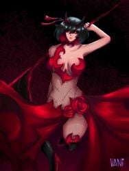 black_hair breasts demon demon_girl demon_horns dress female female_only horns i'm_the_grim_reaper red_eyes red_hair scarlet_(i'm_the_grim_reaper) scythe short_hair stitches vani webcomic webcomic_character webtoon