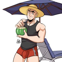 beach big_bulge bulge coconut_drink huge_bulge male male_only muscles muscular muscular_male penis_outline umbrella velgaty