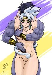 1boy 1girls abs alien andromeda_(vpagonart) arms_behind_head behind_another big_breasts dragon_ball looking_away maledom muscular_female muscular_male naked original_character purple_skin saiyan saiyan_tail squeezing_breast tail vpagonart white_hair wrapped_around_another yellow_eyes