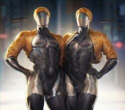 2boys abs ambush_(trap) android astrocatsama atomic_heart blonde_hair bulge duo faceless faceless_character faceless_male genderswap genderswap_(ftm) male_only muscles muscular_male navel pecs pectorals robot robot_boy robot_humanoid rule_63 text the_twins_(atomic_heart)