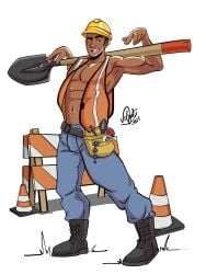 construction_site construction_worker dark-skinned_male dark_skin male male_only melanin muscles muscular muscular_male open_shirt shovel velgaty