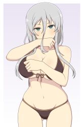 1girls ass_visible_through_thighs bikini covering_mouth expressionless female front-tie_bikini front_view gradient_background green_eyes grey_hair hair_between_eyes ichiryuu_tsumiki large_breasts light-skinned_female light_skin long_hair looking_at_viewer midriff navel senko_(senran_kagura) senran_kagura sidelocks simple_background solo standing straight_hair