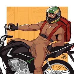 backpack boner covered_face dark-skinned_male dark_skin delivery_boy erect_penis erection hard_on helmet leaning_back looking_at_viewer male male_only melanin motorcycle motorcycle_helmet muscles muscular muscular_male uncut veiny_penis velgaty