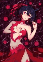 artist_request black_hair breasts demon demon_girl demon_horns dress female female_only flowers horns i'm_the_grim_reaper light-skinned_female light_skin red_eyes red_fingernails scarlet_(i'm_the_grim_reaper) scars short_hair stitches webcomic webcomic_character webtoon