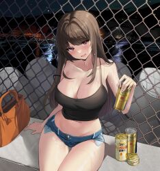 alcohol arm_support bag bangs bare_arms bare_shoulders beer beer_can black_shirt blue_shorts blush breasts brown_eyes brown_hair camisole can chain-link_fence cleavage collarbone crop_top cutoffs denim denim_shorts exposed_pocket female fence handbag head_tilt highres large_breasts long_hair micro_shorts midriff navel night night_sky open_mouth original shirt short_shorts shorts sitting sky sleeveless sleeveless_shirt smile somyo_(s0my0) spaghetti_strap stomach strap_gap strap_slip sweat tetrapod thigh_gap thighs water wet