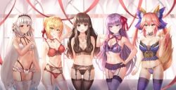 5girls :d absurdres adapted_costume altera_(fate) animal_ear_fluff animal_ears arm_up armpits arms_behind_back bangs bare_arms bare_shoulders bb_(fate) bb_(fate/extra) bikini bikini_skirt black_bra black_hair black_legwear black_panties black_socks blonde_hair blue_bow blue_panties blue_socks blue_thighhighs blush bnari bow bow_panties bra braid braided_bun breasts brown_eyes cameltoe choker cleavage collarbone cowboy_shot crop_top crotch_seam dark-skinned_female dark_skin detached_collar fate/extella fate/extra fate/extra_ccc fate/grand_order fate_(series) fox_ears fox_girl fox_tail frilled_bra frilled_panties frills garter_belt garter_straps gluteal_fold gold_trim green_eyes groin hair_bun hair_ribbon hairbow halterneck hand_on_hip hand_on_own_chest hand_up highleg highleg_bikini highres index_finger_raised jewelry kishinami_hakuno_(female) lace lace-trimmed_bra lace-trimmed_legwear lace_trim large_breasts lingerie long_hair looking_at_viewer medium_breasts multiple_girls navel necklace nero_claudius_(fate) nero_claudius_(fate)_(all) nero_claudius_(fate/extra) no_pants open_mouth panties parted_lips pink_hair purple_bra purple_eyes purple_legwear purple_panties purple_socks red_bra red_choker red_eyes red_panties red_ribbon ribbon short_hair sidelocks silver_hair single_hair_bun small_breasts smile socks standing stomach strapless string_panties swimsuit tail tail_raised tamamo_(fate) tamamo_no_mae_(fate) thigh_socks thighhighs thighs twintails underbust underwear underwear_only veil very_long_hair white_bikini white_legwear white_socks yellow_eyes