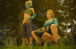 3d 3d_(artwork) blender blonde_hair breath_of_the_wild female franticm84 gerudo_link link link_(breath_of_the_wild) male male/female outdoors peeing peeing_together penis princess_zelda pussy the_legend_of_zelda urine urine_on_ground urine_stream watersports zelda_(breath_of_the_wild)