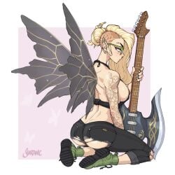 1girls artist_name ass ass_cleavage black_wings blonde_hair butt_crack ear_piercing earrings fairy fairy_wings female female_only glasses guitar hair_bun hi_res highres jeans kneeling large_breasts light-skinned_female light_skin long_hair looking_at_viewer nail_polish nose_piercing nose_ring oc original original_character pink_eyes punk ripped_clothing ripped_jeans shardanic shaved_side side_view sideboob simple_background solo tattoo watermark wings