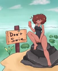 1girls amphibia anne_boonchuy bare_arms bare_legs barefoot collar dark-skinned_female female female_focus female_only looking_at_viewer messy_hair phone short_hair sign simple_background solo solo_focus spread_legs straight_hair swimsuit tagme text thick_thighs wide_hips zelles