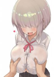 1boy 1girls arms_behind_back breast_grab breasts button_gap covered_eyes cute_fang fang female grabbing hair_over_eyes heart huge_breasts male_pov mikasayaki open_mouth shirt short_hair smile third-party_edit uzaki-chan_wa_asobitai! uzaki_yanagi white_background white_hair white_shirt