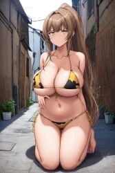 ai_generated amagi_brilliant_park backalley big_breasts bikini brown_hair city crossover holaraai huge_breasts kneeling light_brown_hair sento_isuzu shy thick_thighs thighs yellow_eyes