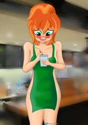 1girls apron apron_only barbara_gordon batgirl blush dc dc_comics dc_super_hero_girls female female_only green_eyes iced_latte_with_breast_milk meme nervous nervous_smile nude orange_hair ponytail robot7678 solo starbucks sweat waitress