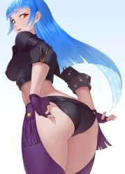 1girls adjusting_clothes angel_(kof) ass ass_cleavage bent_over big_ass blue_hair breasts butt_crack cheshirrr cosplay female female_only fingerless_gloves from_behind gloves highres hime_cut king_of_fighters kula_diamond legs long_blue_hair long_hair looking_at_viewer looking_back medium_breasts open_mouth red_eyes sideboob snk thick_thighs thighs