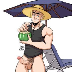 beach boner bottomless coconut_drink erect_penis erection hard_on male male_only muscles muscular muscular_male umbrella uncut veiny_penis velgaty