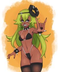 1girls amalia dark-skinned_female female female_focus female_only goth goth_girl gothic green_hair princess_amalia_sheran_sharm sadida small_breasts solo spiked_bracelet spiked_collar standing tagme thick_thighs wakfu wide_hips zelles