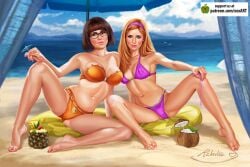 2girls armpits auburn_hair bandeau_bikini barefoot beach beach_towel beach_umbrella bikini breasts brown_hair cameltoe coconut daphne_blake erect_nipples eyeglasses female female_only fruit glasses hanna-barbera highres large_breasts linda_cardellini long_hair multiple_girls navel nerd nerdy_female nipple_bulge orange_bikini panties partially_visible_vulva pineapple purple_bikini pussy realistic rzhevskii sand sarah_michelle_gellar scooby-doo scooby-doo_(film) short_hair spread_legs strapless_bikini swimsuit velma_dinkley velma_dinkley_(linda_cardellini) xxxartist