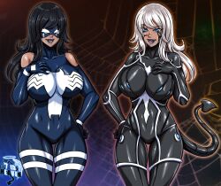 2girls 7th-heaven black_hair female kallyna_(spacencakes) large_ass large_breasts marvel mask spider_web symbiote tagme thick_thighs venom white_hair wide_hips