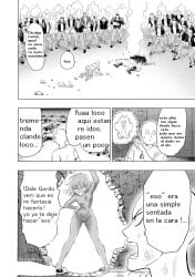 1girls abuelamarta breasts canonical_scene curly_hair edit edited edited_screencap feather_(one-punch_man) female image monochrome murata_yuusuke nude nude_female one-punch_man petite pussy saitama spanish_text tatsumaki thigh_gap