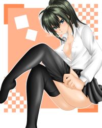 2008 black_hair black_legwear black_socks black_thighhighs blouse blue_eyes cigarette cleavage dark_green_hair dressing female female_only genderswap_(mtf) gintama hijikata_toshiro long_hair looking_at_viewer mio_ag14 nipple_bulge no_bra open_shirt pleated_skirt ponytail rule_63 sitting smoking socks solo thigh_socks thighhighs thighhighs_pull