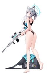 absurdres animal_ear_fluff animal_ears ass assault_rifle back back_cutout bag bare_arms bare_legs bare_shoulders barefoot black_one-piece_swimsuit blue_archive blue_eyes breasts clothing_cutout competition_swimsuit duffel_bag extra_ears female from_behind full_body grey_hair gun hair_between_eyes hair_ornament halo highleg highleg_swimsuit highres holding holding_gun holding_weapon long_hair looking_at_viewer looking_back mismatched_pupils one-piece_swimsuit ponytail rifle shiroko_(blue_archive) shiroko_(swimsuit)_(blue_archive) sidelocks sig_sauer_556 small_breasts solo somyo_(s0my0) standing swimsuit symbol-shaped_pupils thighs towel weapon