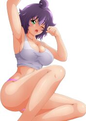 1girls arm_up armpits big_breasts blush breasts busty cleavage female female_only green_eyes highres large_breasts legs midriff one_eye_closed open_mouth purple_hair short_hair sitting solo tank_top thick_thighs thighs thong voluptuous waking_up yukino_akaihi yukino_memories zel-sama