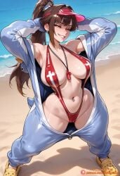 1girl ai_generated arms_behind_head artist_name beach breasts brown_eyes brown_hair cameltoe crocs earrings goddess_of_victory:_nikke grin jewelry large_breasts long_hair looking_at_viewer marciana_(marine_study)_(nikke) marciana_(nikke) navel navel_piercing one-piece_swimsuit onesie outdoors patreon patreon_username piercing ponytail sharp_teeth slingshot_swimsuit smile solo standing swimsuit tagme_(artist) teeth visor_cap whistle whistle_around_neck wide_hips