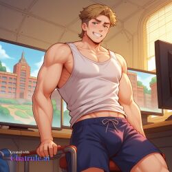 1boy 8k adult ai_assisted ai_generated ass black_clothing breast_expansion brown_hair cinematic cityscape cleavage depth_of_field enormous_breasts eyes_half_closed green_eyes grey_socks home in_heat indoors large_breasts living_room night_time oversized_breasts scenery seductive_eyes seductive_smile short_stack sideburns solo_male stubble thick_eyebrows thick_thighs tiny_waist two_tone_hair uncensored white_tank_top wide_hips
