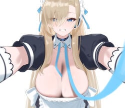 1girl absurdres apron asuna_(blue_archive) back_bow black_dress black_shoes blonde_hair blue_archive blue_bow blue_bowtie blue_eyes blue_halo blue_ribbon bow bowtie breasts choker cleavage closed_eyes collarbone commentary dongye1551 dress grin hair_over_one_eye hair_ribbon halo headphones highres large_breasts leash long_hair looking_at_viewer maid_apron maid_headdress puffy_short_sleeves puffy_sleeves ribbon shoes short_sleeves smile solo thighhighs very_long_hair white_bow white_thighhighs