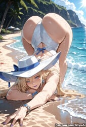 1girl ai_assisted ai_generated ass back bangs beach blonde_hair blue_eyes blue_nails bracelet breasts cloud curvaceous curvy curvy_female curvy_figure day emma_frost female hat jewelry lips long_hair looking_at_viewer looking_back marvel marvel_rivals miyuai mole nail_polish ocean one-piece_swimsuit outdoors palm_tree parted_lips ribbon sand sky smile solo sun_hat sunlight swimsuit thick thick_ass thick_butt thick_hips thick_legs thick_thighs thighs top-down_bottom-up tree voluptuous voluptuous_female water watermark wet white_headwear white_swimsuit wide_hips wide_thighs