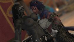 anthro armband artist_request black_fur black_hair blue_fur blue_hair breast_wrap cat_nose character_request claws dreadlocks exposed_breasts final_fantasy final_fantasy_xiv furry gloves goggles hrothgar large_breasts licking licking_breast lion_ears lion_tail lioness pink_fur public public_nudity square_enix teasing topless undressing yellow_eyes