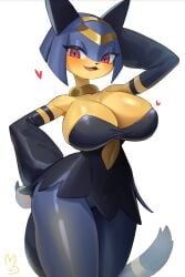 2026 absurd_res accessory anthro big_breasts black_body black_ears black_fur blue_body blue_fur blue_hair blushbreasts camel_toe claws cleavage clothed clothing digital_drawing_(artwork) digital_media_(artwork) dress eyelashes eyeliner fangs felid feline female female_anthro finger_claws fur furgonomics glistening glistening_breasts glistening_thighs gold_(metal) hair hand_behind_head heart_(marking) hi_res jewelry makeup mammal markings multicolored_body multicolored_fur navel open_mouth open_smile pal_(species) palworld pocketpair pupils red_eyes ring sekhmet_(pal) short_dress slim_anthro slim_female slit_pupils smile solo tail tail_accessory tail_jewelry tail_ring teeth thick_thighs wide_hips yellow_body yellow_fur