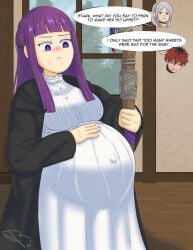 fern_(sousou_no_frieren) hand_on_pregnant_belly looking_down looking_down_at_another penciljunkie pregnant pregnant_belly pregnant_female purple_hair purple_hair_female sousou_no_frieren upset upset_female