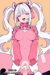 1boy 1girl 2026 ai_art ai_generated alice_(nikke) animal_ear_headphones animal_ears blush bodysuit breasts clothed_sex covered_navel cum cum_in_pussy cum_overflow fake_animal_ears gloves headphones headset hetero holding_another's_wrist impossible_bodysuit impossible_clothes jacket latex latex_bodysuit long_hair long_sleeves looking_at_viewer medium_breasts nikke open_mouth orange_background patreon patreon_url patreon_username penis pink_bodysuit pink_eyes pink_gloves pov pussy red_jacket saliva sex shrug_(clothing) sidelocks simple_background simple_shading skin_tight smile solo_focus sosakuai spread_legs straddling teeth tongue tongue_out torn_clothes twintails uncensored vaginal white_gloves white_hair