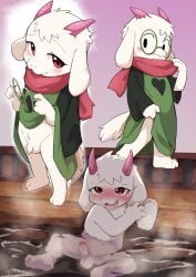 1girls anthro balls blush cub deltarune fang female female_only furry glasses goat hi_res looking_at_viewer manmosu_marimo nude open_mouth penis ralsei solo tongue undertale_(series) wet young