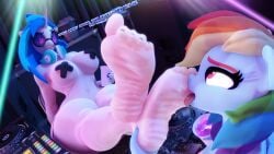2girls 3d 3d_(artwork) anthro anthro_only anthrofied belly_button beverage big_thighs blue_body bottomless bottomless_female chair clop container cup duo duo_female equine feet female female/female female_only foot_fetish foot_focus foot_lick foot_play friendship_is_magic furniture hand_on_foot headphones headphones_around_neck holding_drink holding_feet holding_object legs_on_desk lesbian licking licking_foot lights looking_at_another mammal multicolored_hair my_little_pony open_mouth pasties pegasus plantigrade_anthro pony rainbow_dash_(mlp) saliva sitting snuddy soles sunglasses tongue tongue_out turntable unicorn vinyl_scratch_(mlp) wrinkled_feet yuri