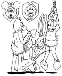 4_fingers anthro arms_behind_back arms_up avian barefoot beak bird black_and_white bondage bound bow bugs_bunny chain chains clothes collar crossover cum cum_in_mouth daffy_duck daisy_duck death disney donald_duck duck feline fellatio female footwear forced forced_oral fur furry furry_ears gloves jk kneeling line_art looney_tunes male mammal mickey_mouse minnie_mouse monochrome mounted_trophy mouse nude oral penis procyonid rabbit rape rodent round_ears shackles shoes skirt soft_feathers straight suspension tail two_on_two white_background