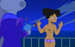 accurate_art_style ambiguous_gender amy_wong breasts emperor_nikolai female futurama holding_gun human matt_groening_(style) mole night nude outdoors photoshop robot standing tagme toony