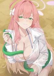 1girls absurdres ahoge between_breasts bikini bikini_under_clothes blue_archive blush bow breasts cleavage closed_mouth female green_eyes hair_bow halo halterneck hanako_(blue_archive) hanako_(swimsuit)_(blue_archive) highres holding holding_hose hose hose_between_breasts large_breasts leaning_forward long_hair long_sleeves looking_at_viewer official_alternate_costume oversized_clothes oversized_shirt pink_bikini pink_hair pink_halo ref_(pmxt4483) see-through_clothes see-through_shirt shirt smile solo swimsuit white_bow white_shirt