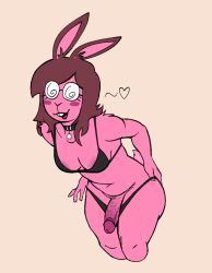 2026 anthro areola aroused belly bikini blush breasts buckteeth clothed clothing collar eyewear fembunns fembunns_(character) genitals glans glasses gynomorph half-erect heart_symbol hi_res intersex lagomorph leaning leaning_forward leporid mammal partially_clothed penis pink_breasts pink_glans pink_penis presenting rabbit simple_background solo spiral_glasses swimwear teeth trans_(lore) trans_woman_(lore) two-piece_swimsuit underwear underwear_down
