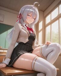 1girl 1girls ai_generated alisa_mikhailovna_kujou big_thighs female half-closed_eyes huge_thighs large_thighs school school_uniform schoolgirl sexy_body sexy_pose shiny_skin sitting sitting_on_desk smile smirk stockings thick_ass thick_legs thick_thighs thighhighs thighs tokidoki_bosotto_russian_de_dereru_tonari_no_alya-san uncensored