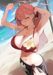 aru_(blue_archive) beach big_breasts blue_archive blush cleavage female_focus female_only navel s4ika sweating swimsuit swimwear thick_thighs two_piece_swimsuit voluptuous_female wide_hips