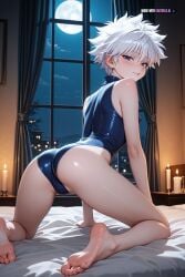 1boy ai_assisted ai_generated all_fours anime_screenshot barefoot blue_eyes candle_light candles covered_erect_nipples dark_room depth_of_field full_moon gym half_closed_eyes highres hotel_room hunter_x_hunter killua_zoldyck leotard light_smile looking_at_viewer looking_back_at_viewer night on_all_fours on_bed parted_lips semi_realistic shy small_ass small_breasts soles solo spread_legs viewed_from_behind white_hair window