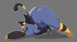 2026 3_fingers 3_toes absurd_res anthro ass_up big_butt black_body black_clothing black_fur blue_body blue_fur blue_hair bottom_heavy butt cat_stretch claws clothed clothing digital_drawing_(artwork) digital_media_(artwork) dipstick_tail dress eyelashes eyeliner eyes_closed feet felid feline female female_anthro finger_claws fingers fur glistening glistening_butt gold_(metal) hair hi_res huge_butt legwear lying makeup mammal markings multicolored_body multicolored_fur no_underwear on_front pal_(species) palworld pocketpair raised_tail red'neh sekhmet_(pal) short_hair side_view solo stretching tail tail_markings thick_thighs toes wide_hips yellow_body yellow_fur
