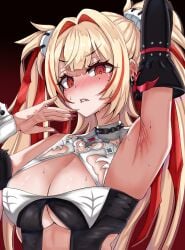 1girls absurd_res armpit armpits blonde_hair blush claret_(zenless_zone_zero) cleavage detached_sleeves dosu_des female female_focus female_only highres hoyoverse light-skinned_female light_skin mihoyo one_arm_up painted_nails red_eyes red_hair sakuyo sweat sweatdrop sweating twintails two-tone_hair zenless_zone_zero